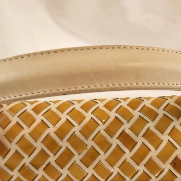 Bally Hand Bag Top Handle Braided Leather Purse Turn Lock Cream and Yellow - Picture 8 of 14